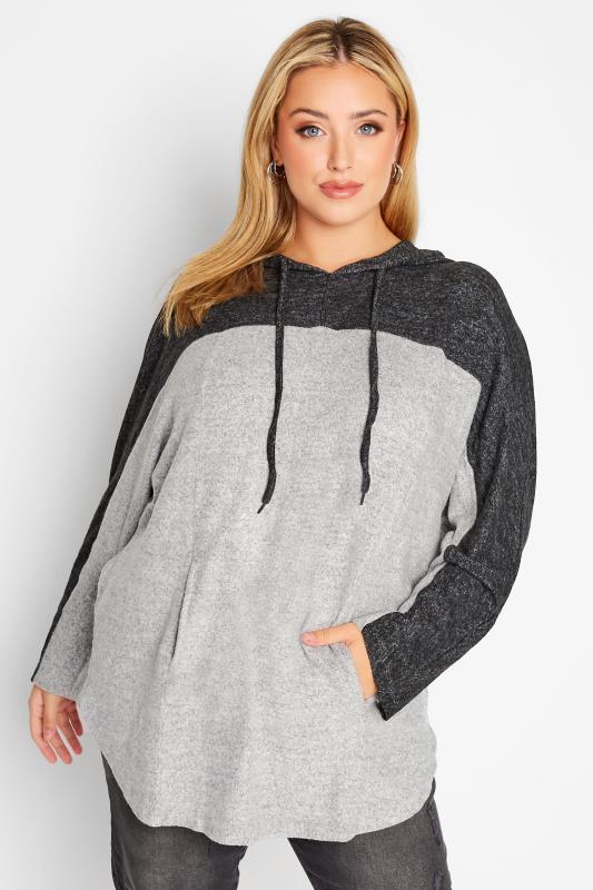 Plus Size Grey Colour Block Soft Touch Hoodie | Yours Clothing  1