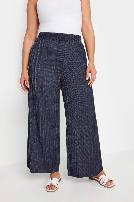 YOURS Plus Size Navy Blue Textured Wide Leg Trousers | Yours Clothing 2
