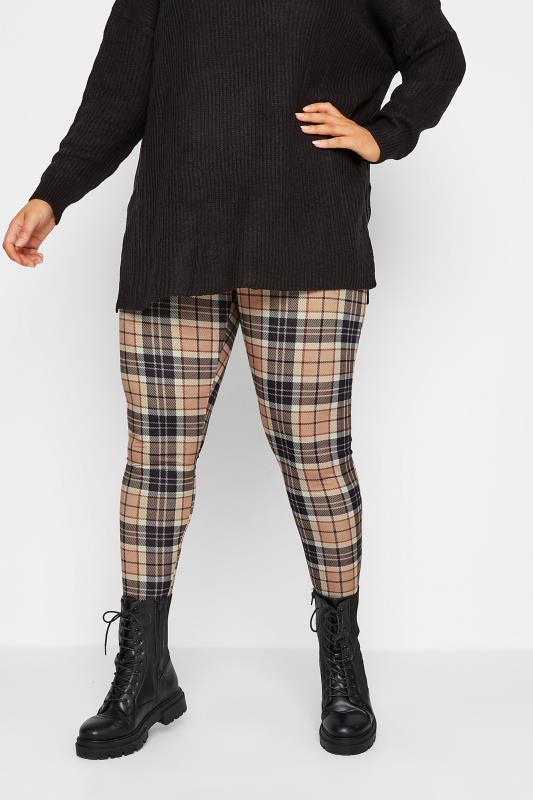 Plus Size  YOURS Curve Brown Check Print Stretch Leggings