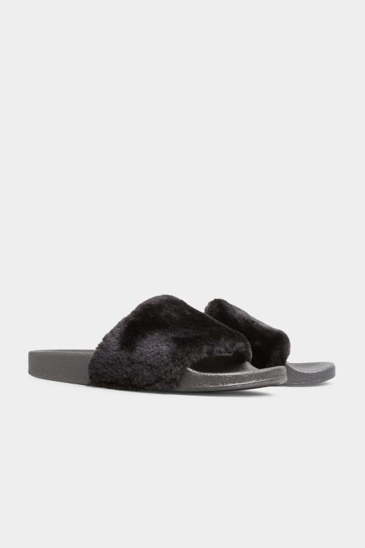 Plus Size  Black Vegan Faux Fur Sliders In Regular Fit