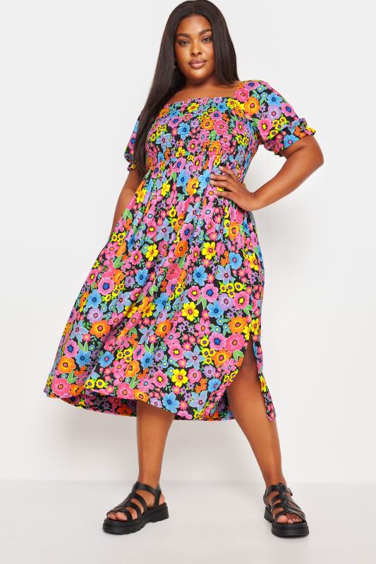 YOURS Plus Size Black Floral Print Shirred Midi Dress | Yours Clothing 1