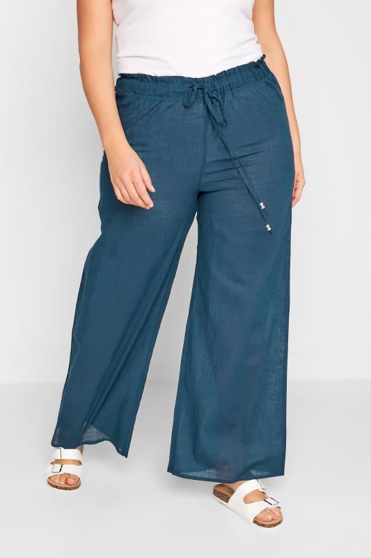 LTS Tall Navy Blue Cotton Wide Leg Beach Trousers | Long Tall Sally  1