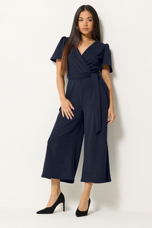 Petite Dresses M&Co Petite Navy Blue Cropped Tie Waist Jumpsuit