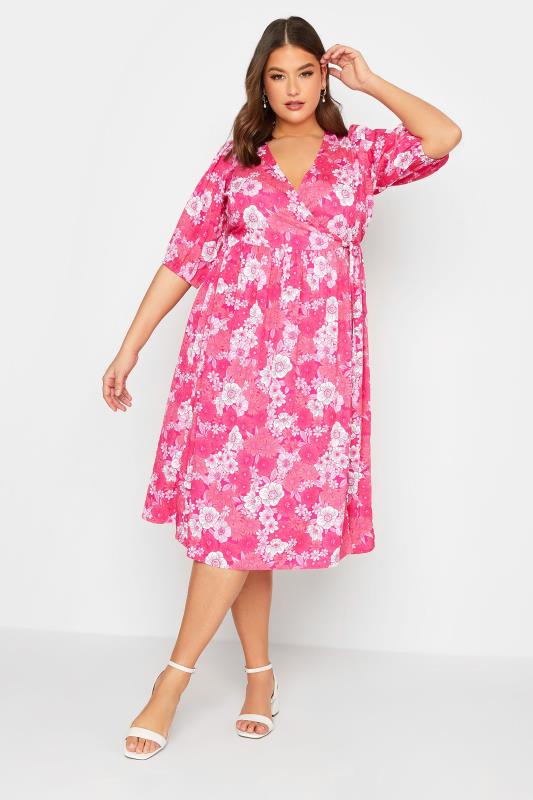 LIMITED COLLECTION Curve Plus Size Pink Floral Wrap Midaxi Dress | Yours Clothing  2