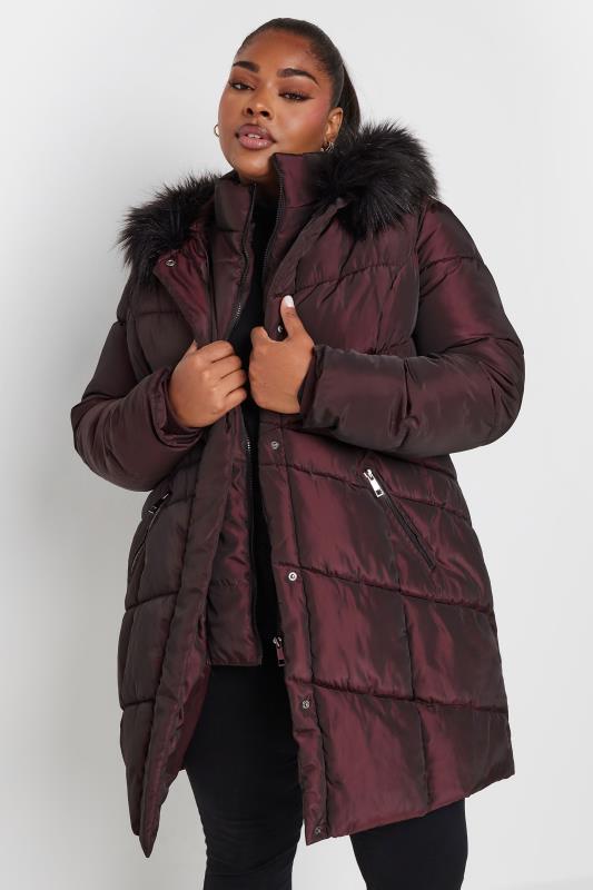 YOURS Plus Size Burgundy Red Faux Fur Trim Puffer Coat Yours Clothing