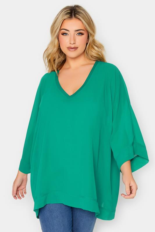 YOURS LONDON Plus Size Curve Dark Green Chiffon Cape Blouse | Yours Clothing  1