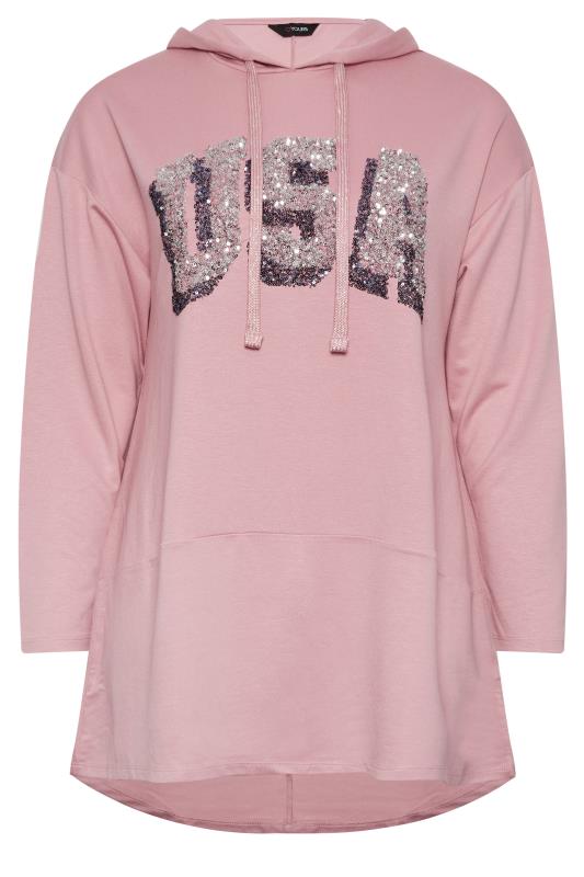 YOURS Plus Size Curve Blush Pink Blue 'USA' Slogan Longline Hoodie | Yours Clothing  6