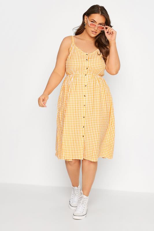 LIMITED COLLECTION Curve Orange Gingham Button Front Sundress 1