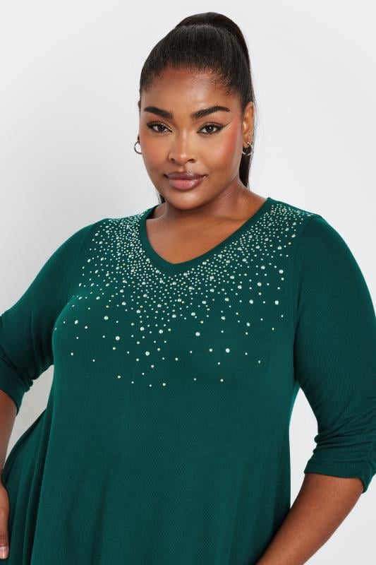 YOURS Plus Size Forest Green Diamante Stud Swing Top | Yours Clothing  4