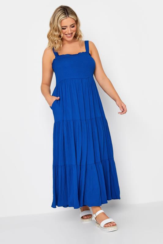 YOURS Plus Size Cobalt Blue Shirred Strappy Sundress | Yours Clothing  1