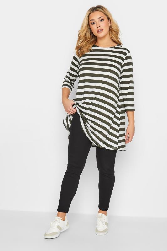 Plus Size Khaki Green Stripe Longline T-Shirt | Yours Clothing 3