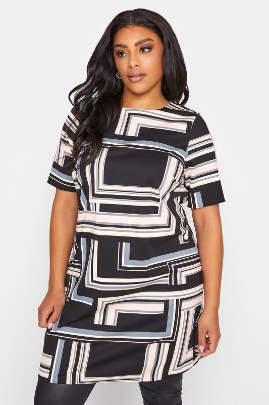 Plus Size  Black Geometric Stripe Print Tunic Dress