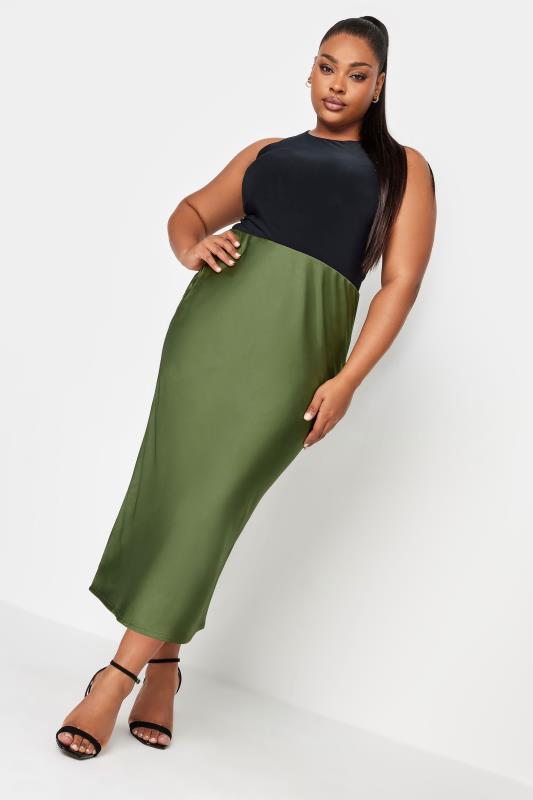 YOURS Plus Size Olive Green Satin Midi Skirt | Yours Clothing 3