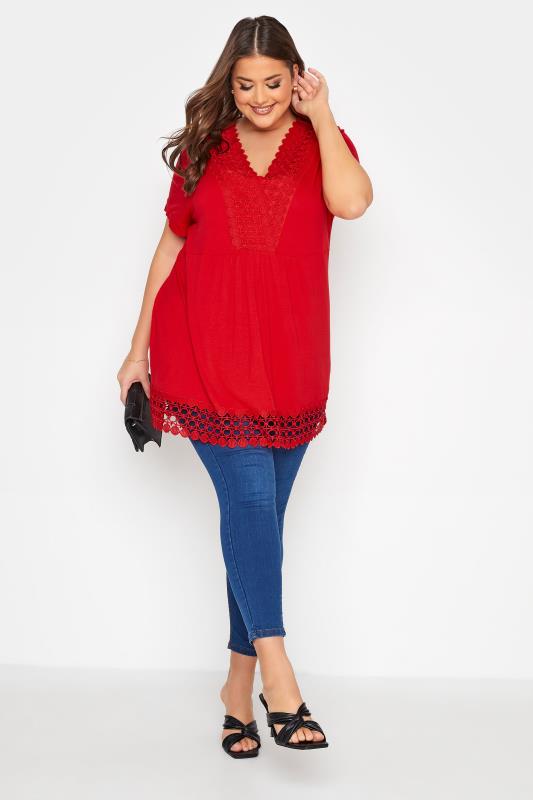 Plus Size Red Crochet Detail Peplum Tunic | Yours Clothing 2
