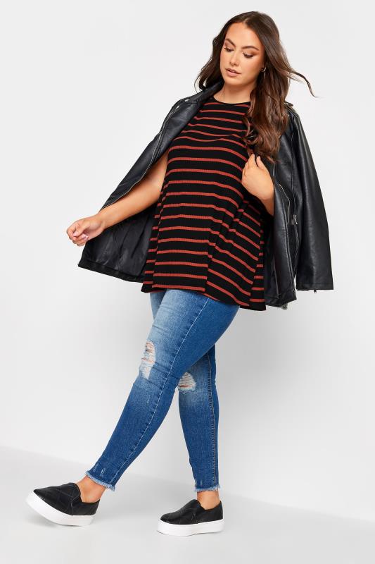 YOURS Curve Plus Size Black Stripe Ribbed Swing Top | Yours Clothing  2
