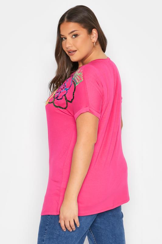 Curve Hot Pink Floral Embellished Sequin T-Shirt 3