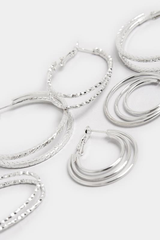 3 PACK Silver Tone Textured Hoop Earring Set | Yours Clothing 4
