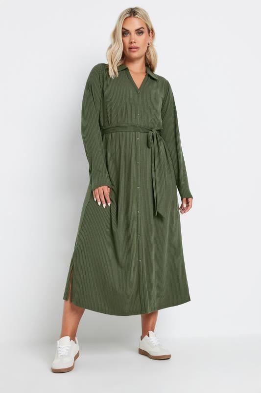  YOURS Curve Khaki Green Button Front Ribbed Tie Waist Midi Dress