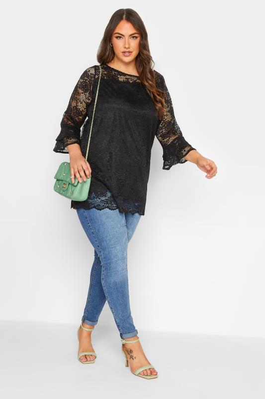YOURS Plus Size Black Lace Bell Sleeve Blouse | Yours Clothing 3