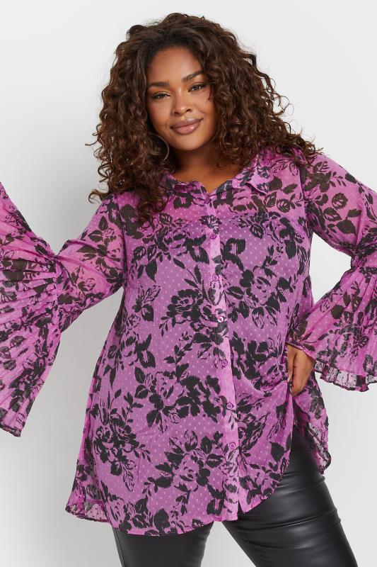 YOURS Plus Size Purple Floral Print Flared Sleeve Shirt | Yours Clothing 4