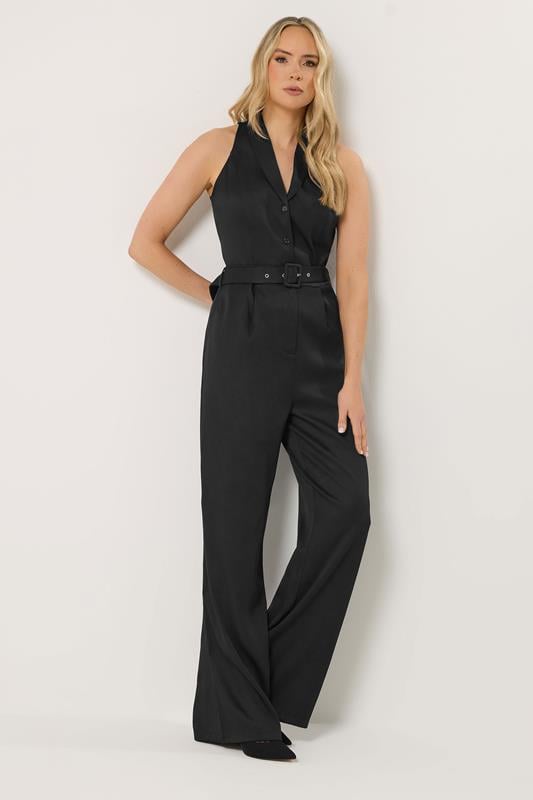  LTS Tall zwarte jumpsuit met riem en open kraag