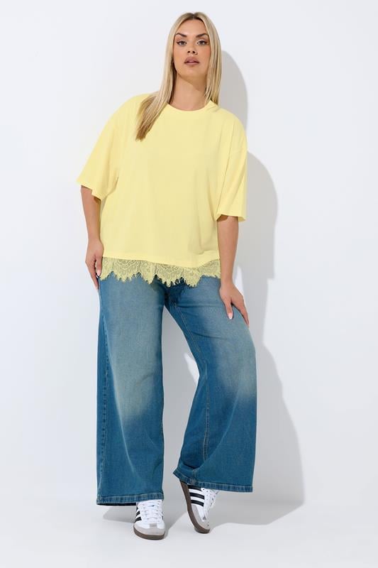 LIMITED COLLECTION Plus Size Yellow Lace Hem T-Shirt | Yours Clothing 1
