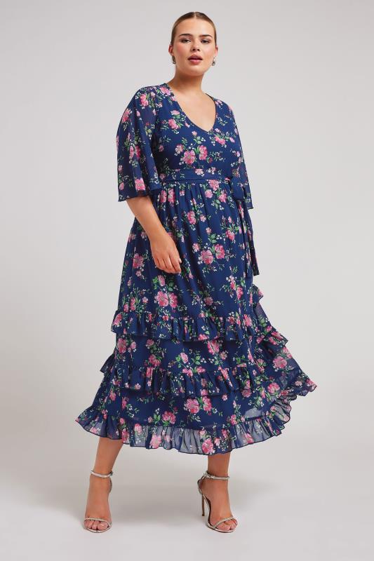 Plus Size  YOURS LONDON Curve Navy Blue Floral Print Tiered Maxi Dress