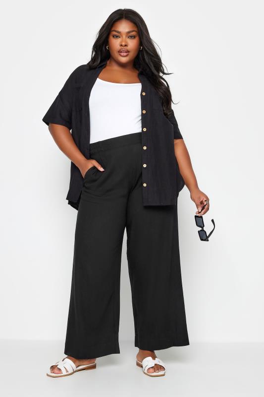 YOURS Plus Size Black Pull On Wide Leg Linen Trousers | Yours Clothing 2