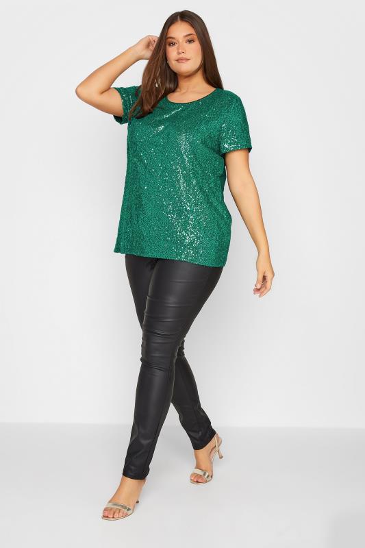 LTS Tall Emerald Green Sequin Embellished Boxy T-Shirt | Long Tall Sally 2