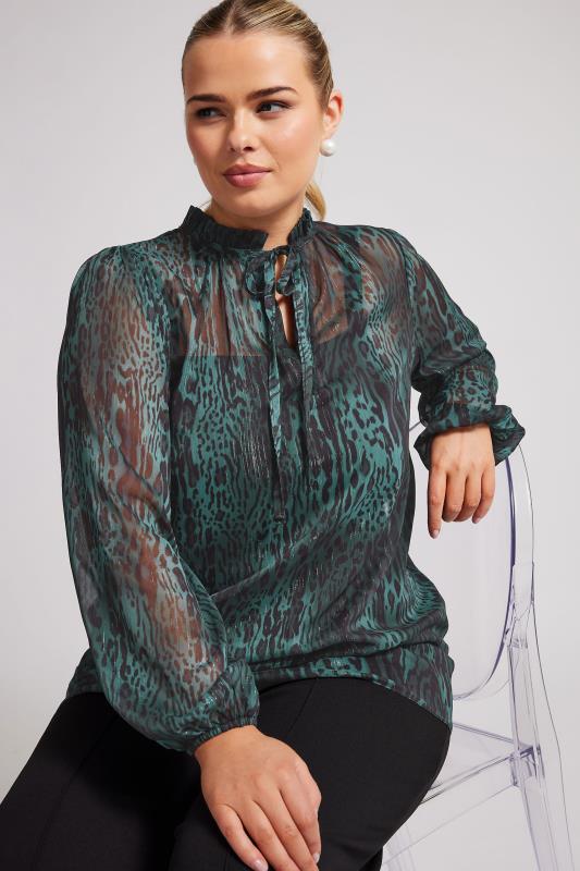  Tallas Grandes YOURS LONDON Curve Green Leopard Print Metallic Chiffon Blouse