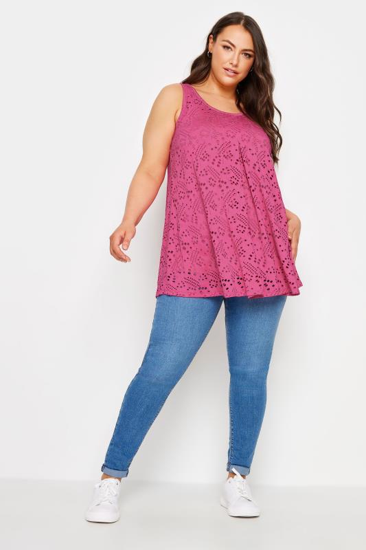 YOURS Plus Size Pink Broderie Anglaise Swing Vest Top | Yours Clothing 2