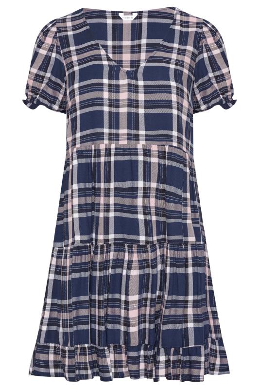 Petite Navy Blue Check Tiered Frill Tunic Dress 6