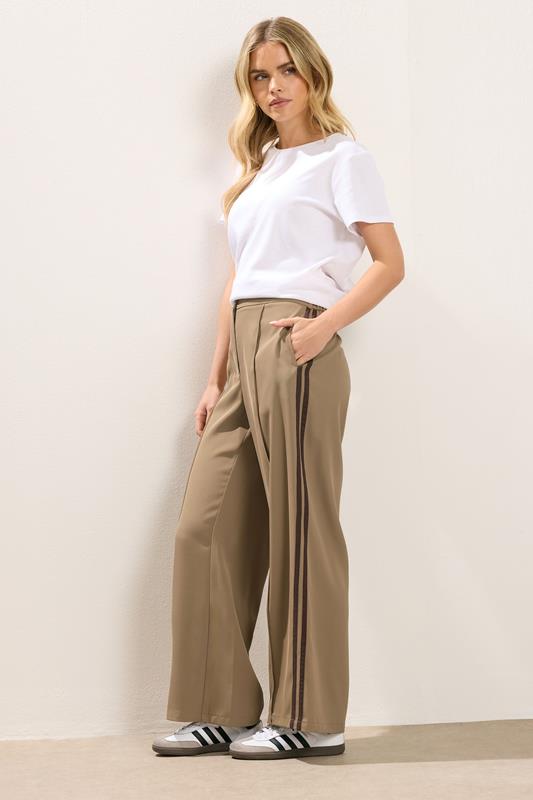 PixieGirl Petite Women's Mocha Brown Side Stripe Wide Leg Trousers | PixieGirl 1