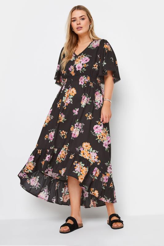Plus Size  YOURS Curve Black Floral Print Dipped Hem Midi Dress