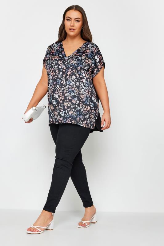 YOURS Plus Size Black Floral Front T-Shirt | Yours Clothing 2