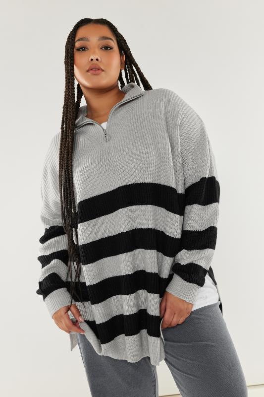 YOURS Plus Size Grey Stripe Quarter Zip Jumper | Yours Clothing 1