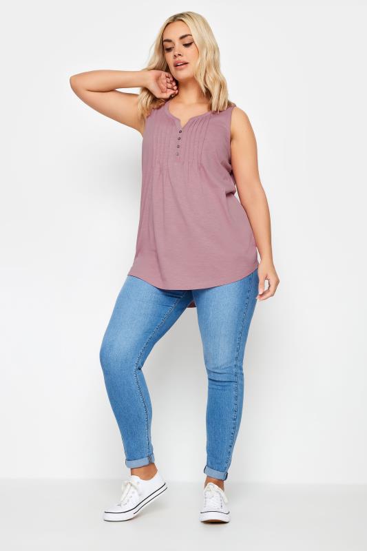 YOURS Plus Size Pink Pintuck Henley Vest Top | Yours Clothing 2