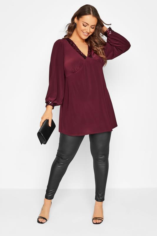 YOURS LONDON Plus Size Burgundy Red Sequin Trim Top | Yours Clothing 2