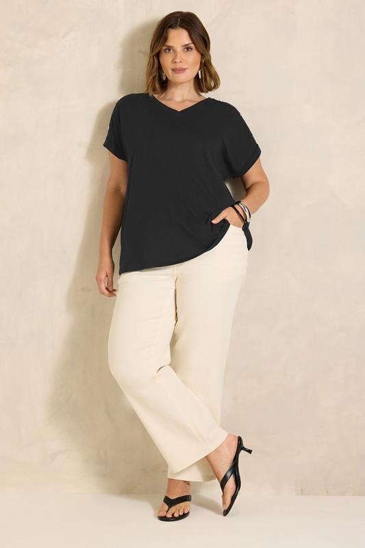 EVANS Plus Size Black Button Shoulder T-Shirt | Evans 1