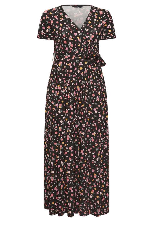 YOURS Curve Plus Size Black Ditsy Floral Wrap Dress | Yours Clothing  6