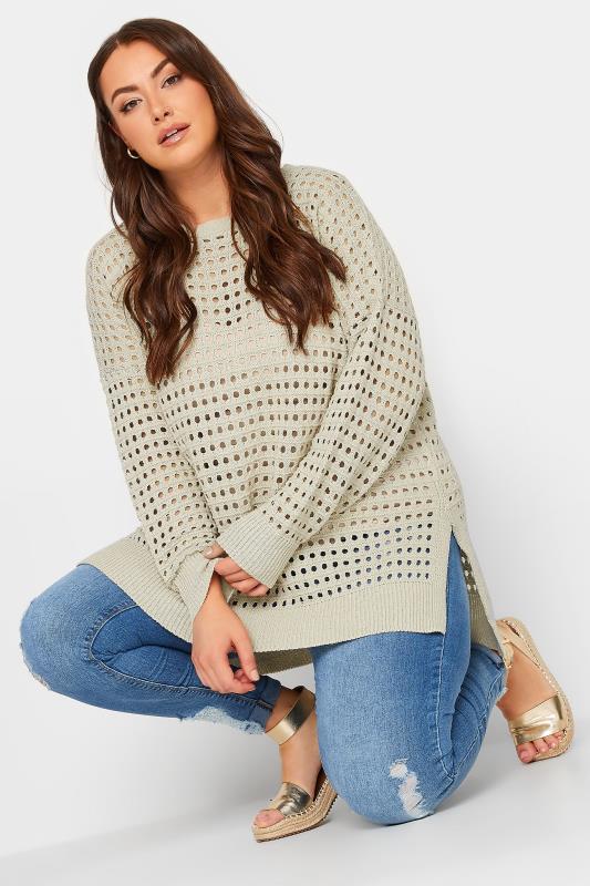 YOURS Plus Size Beige Brown Side Split Crochet Jumper | Yours Clothing 1