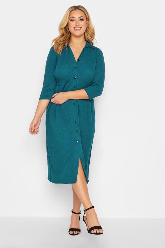 Plus Size Teal Blue Textured Collared Dress | Yours Clothing 2