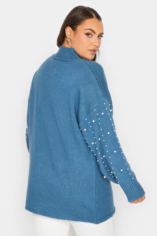 YOURS LUXURY Plus Size Blue Pearl Embellished Batwing Jumper | Yours Clothing 4