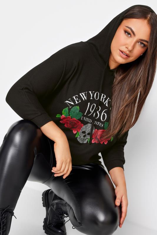 YOURS Curve Black 'New York City' Slogan Embellished Skull Hoodie | Yours Clothing 4