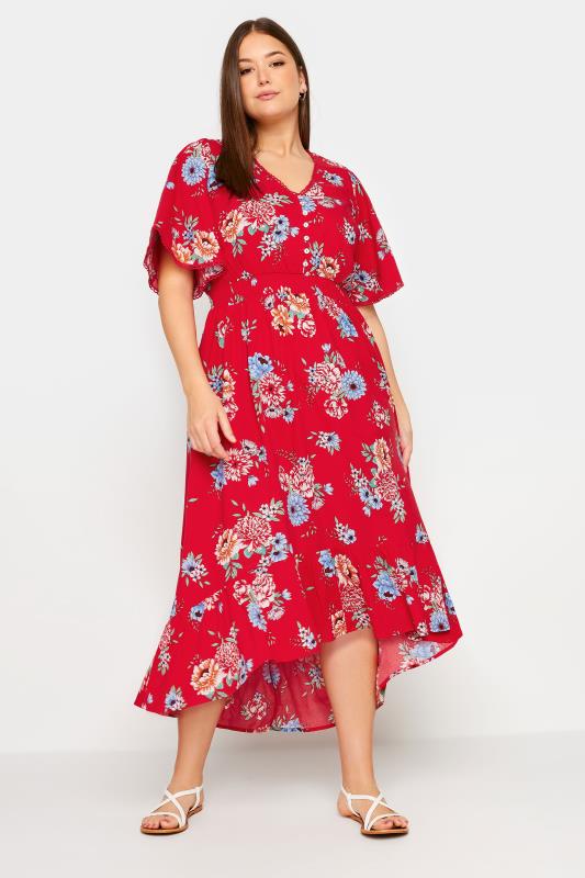  YOURS Curve Red Floral Print Dipped Hem Midi Dress