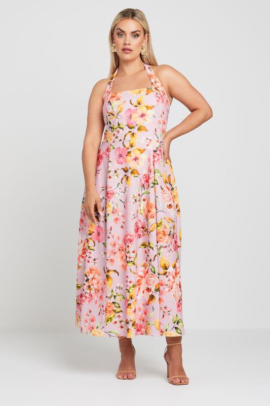 LIMITED COLLECTION Plus Size Pink Floral Print Halter Neck Midaxi Dress | Yours Clothing 5