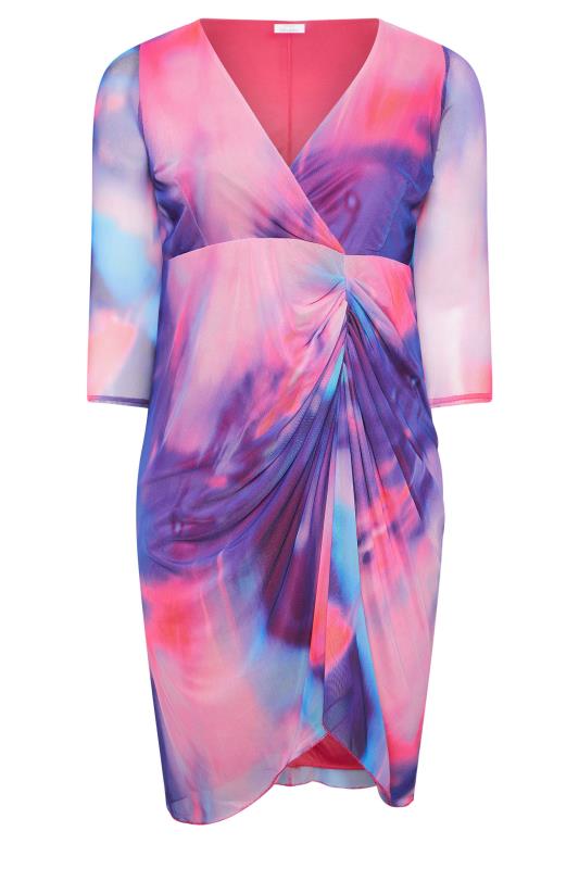 YOURS LONDON Curve Pink Abstract Print Mesh Gathered Midi Dress | Plus Size Clothing 5