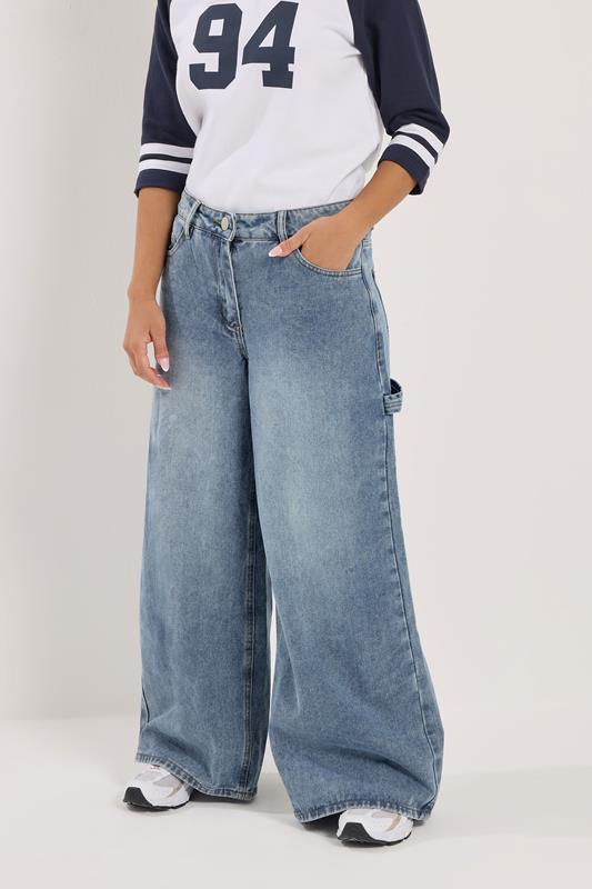 PixieGirl Petite Women's Mid Blue Carpenter Wide Leg Jeans | PixieGirl 1