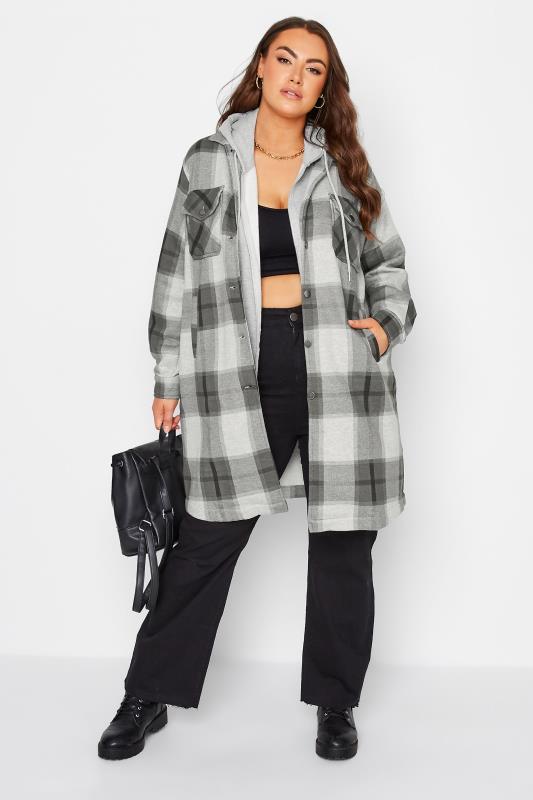 Curve Plus Size Grey & White Longline Check Shacket | Yours Clothing 1