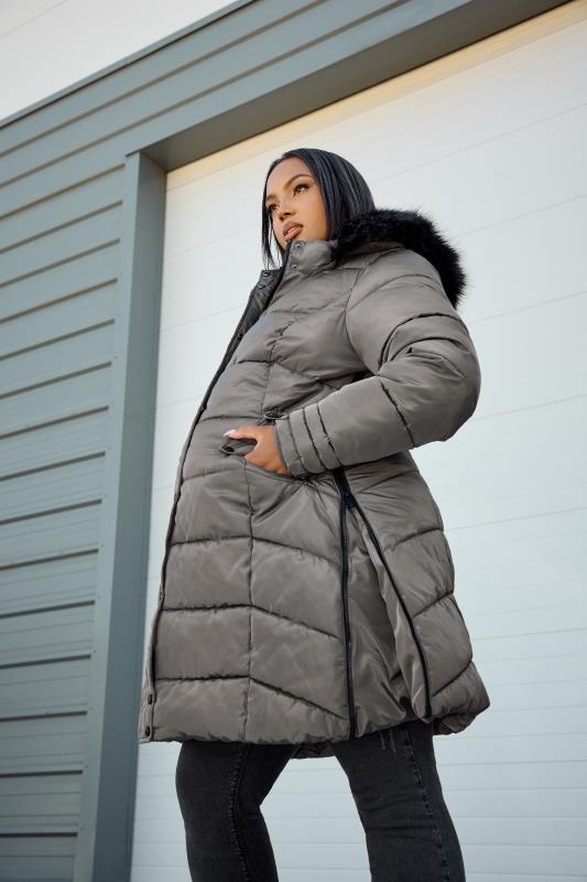 BUMP IT UP MATERNITY Plus Size Grey Zip Side Puffer Coat | Yours Clothing 2